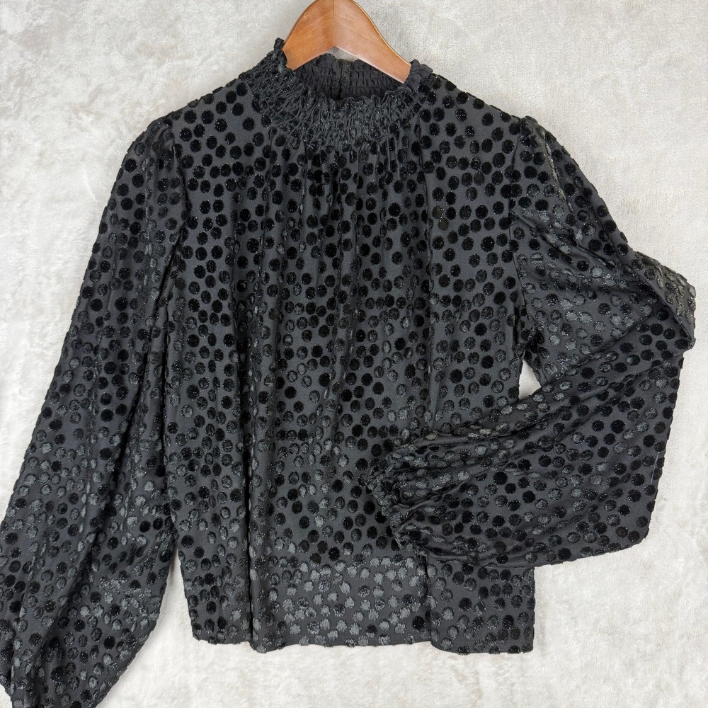 Maje Black Velvet Polka Dot Smocked Mock‎ Neck Balloon Sleeve Blouse Size 2
